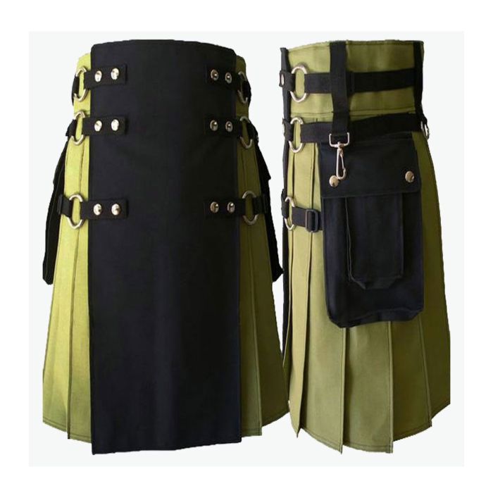 black and green hybrid utility kilt for men with cargo pockets