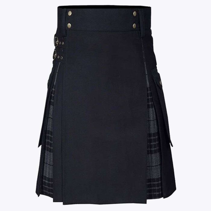 black cotton and gray watch tartan hybrid utility kilt