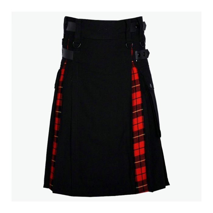 modern hybrid wallace tartan and black cotton utility kilt