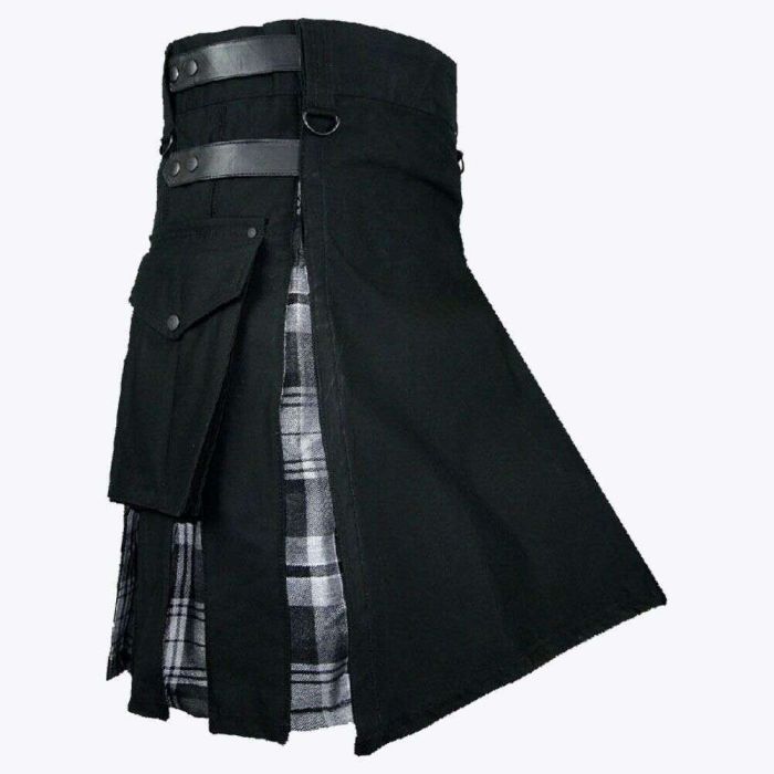premium quality black cotton with black watch tartan hybrid kilt