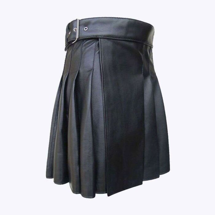 mens casual black leather pleated kilt
