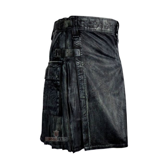 Black Leather Waxed Kilt Front