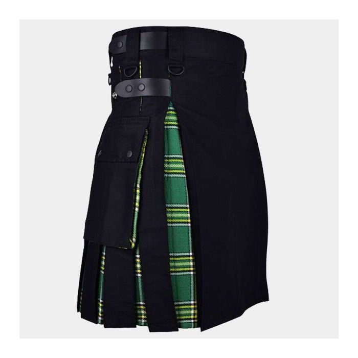 black utility kilt and irish tartan hybrid kilt