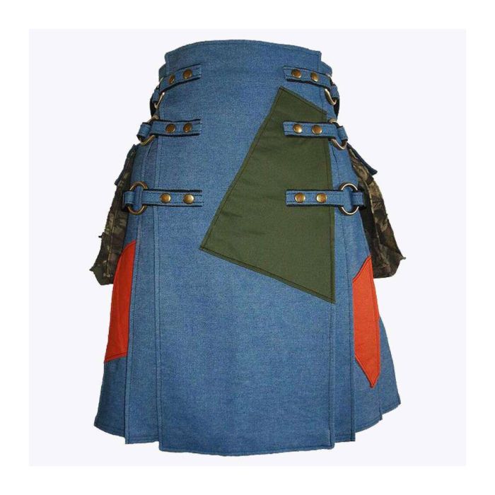 blue jean denim utility kilt for men with cargo pockets