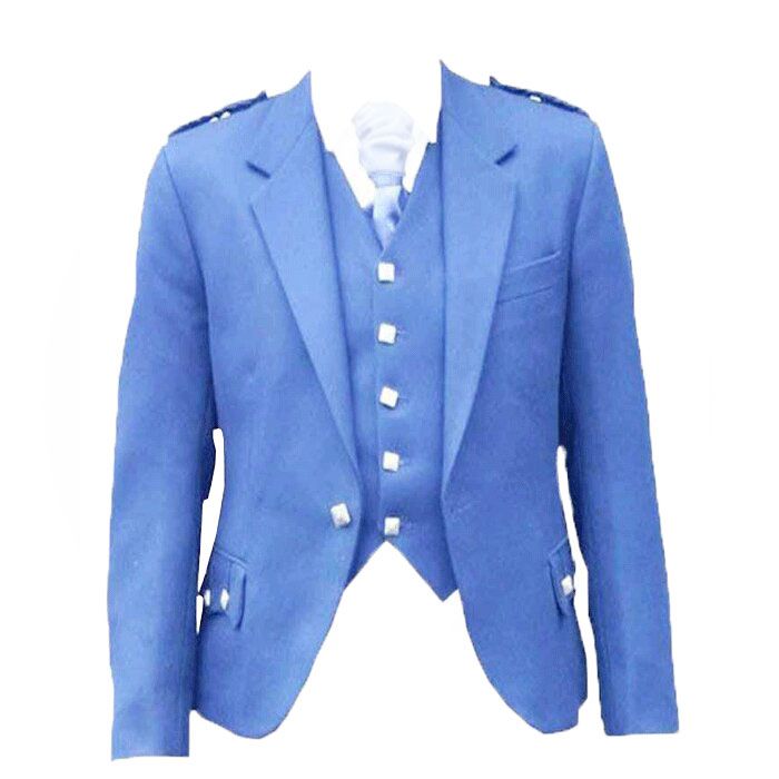 Blue Wool Tweed Argyle Kilt Jacket and Vest