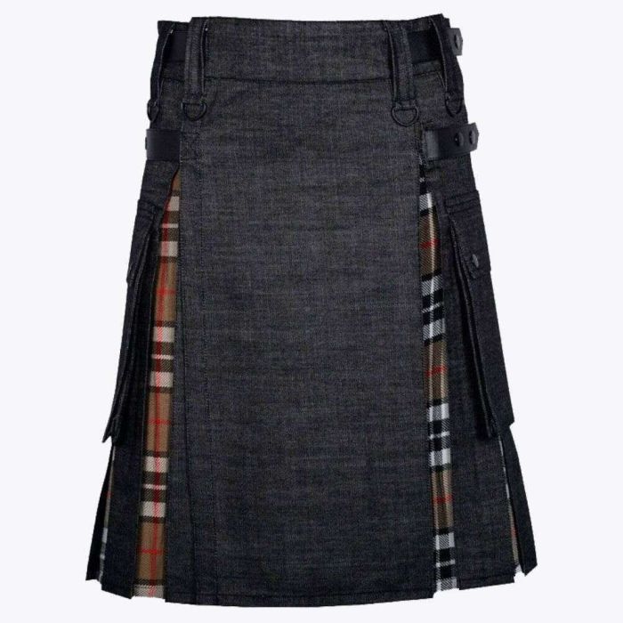 campbell tartan black denim hybrid utility kilt
