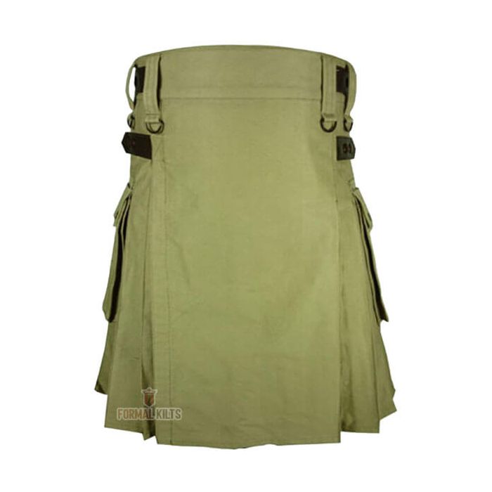 Cotton Olive Green Utility Kilt With Leather Straps Front