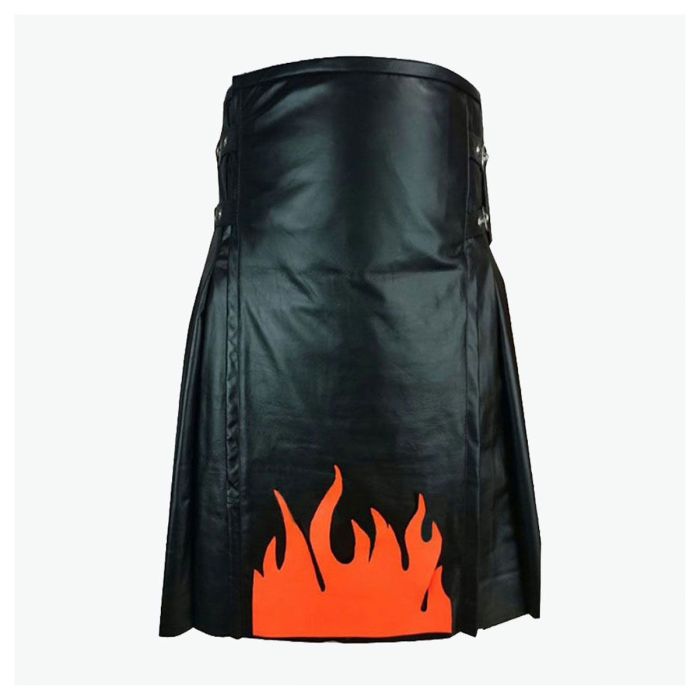 premium quality  fire flame black leather kilt