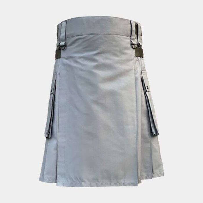 modern grey utility kilt with cargo pockets