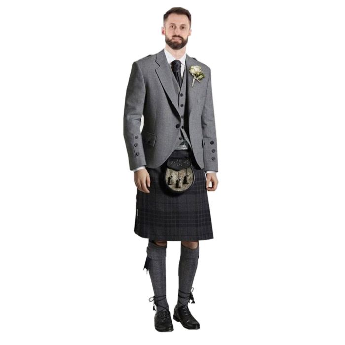 grey tweed kilt outfit