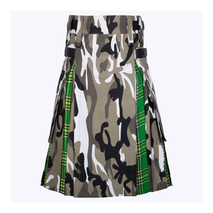 irish tartan and urban camo utility kilt