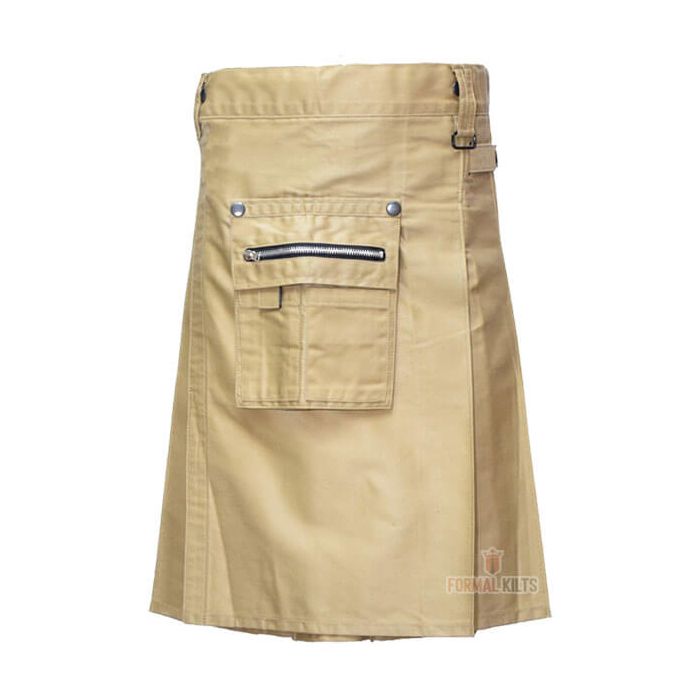 Khaki Heavy Duty Cargo Pockets Utility Kilt Front