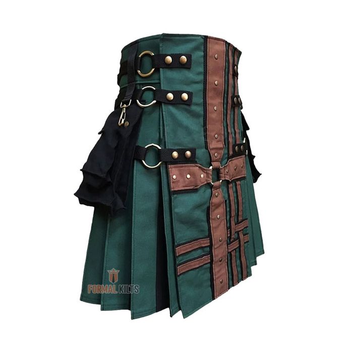 Modern Hunter Green With Brown Medieval Hybrid Kilt