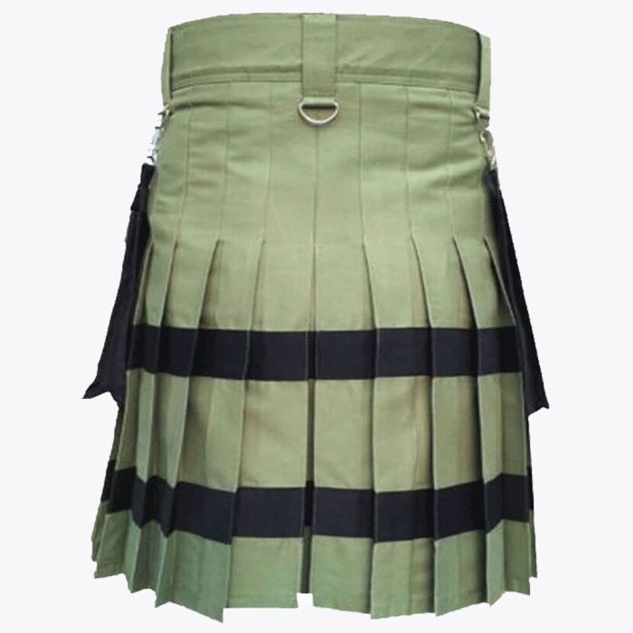 olive green utility kilt with black stripes