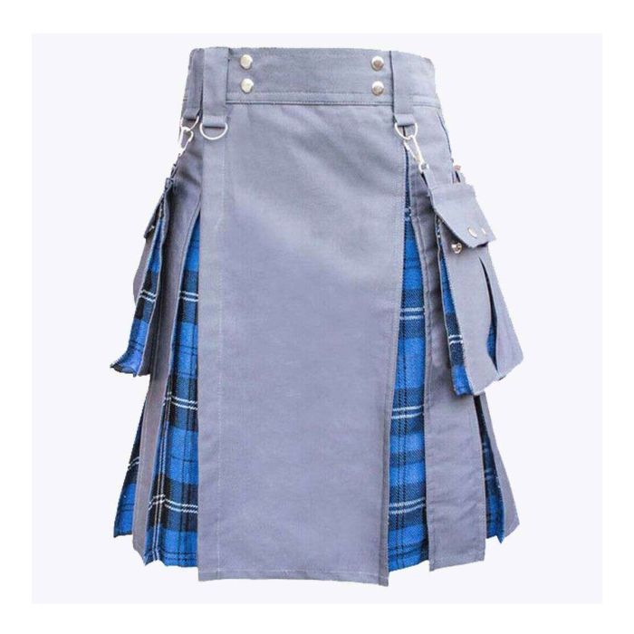 ramsay blue tartan and grey cotton hybrid utility kilt