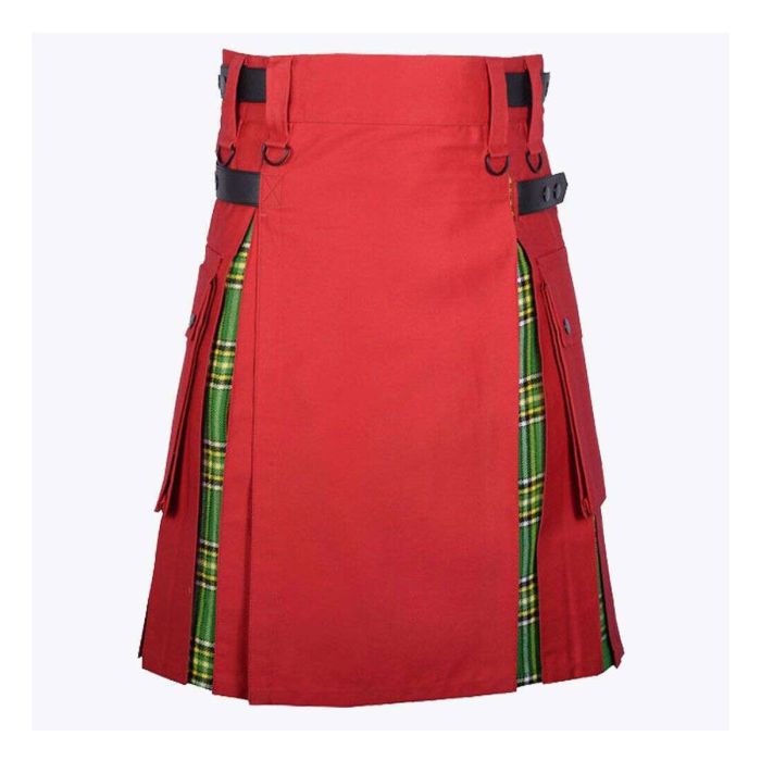 red cotton and irish tartan hybrid utility kilt