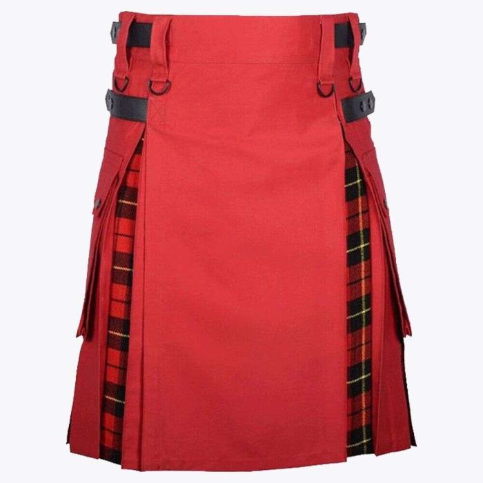 traditional scottish red cotton and wallace tartan hybrid kilt