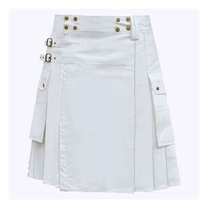 premium quality scottish white utility kilt with cargo pockets