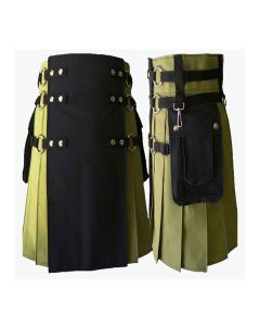 Black And Green Hybrid Utility Kilt For Men With Cargo Pockets