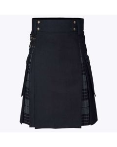 black cotton and gray watch tartan hybrid utility kilt