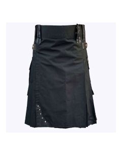 Luxus Quality Black Cotton Utility Kilt With Leather Straps
