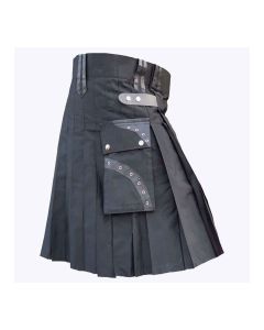 Luxus Quality Black Cotton Utility Kilt With Leather Straps