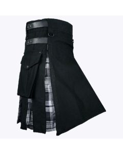 premium quality black cotton with black watch tartan hybrid kilt