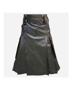 Black Leather Kilt With Cargo Pockets