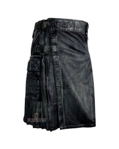 Black Leather Waxed Kilt Front