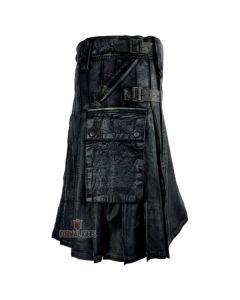 Black Leather Waxed Kilt Front