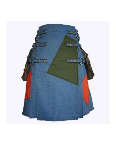 Blue Jean Denim Utility Kilt For Men With Cargo Pockets