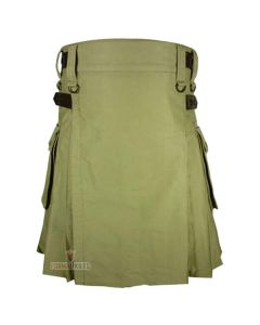 Cotton Olive Green Utility Kilt With Leather Straps Front