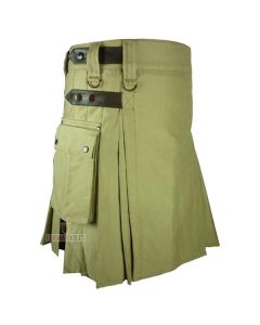 Cotton Olive Green Utility Kilt With Leather Straps Front