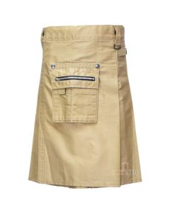 Khaki Heavy Duty Cargo Pockets Utility Kilt Front