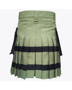 olive green utility kilt with black stripes