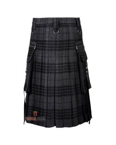 Punk Rock Gothic Grey Tartan Utility Kilt
