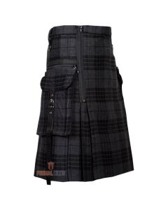 Punk Rock Gothic Grey Tartan Utility Kilt
