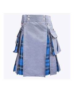 Ramsay Blue Tartan And Grey Cotton Hybrid Utility Kilt