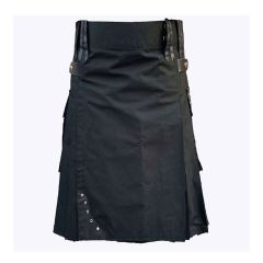 Luxus Quality Black Cotton Utility Kilt With Leather Straps
