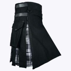 premium quality black cotton with black watch tartan hybrid kilt