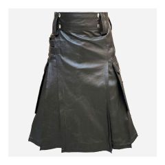 Black Leather Kilt With Cargo Pockets