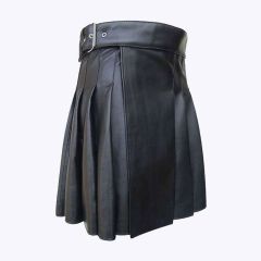 Mens Casual Black Leather Pleated Kilt