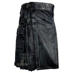Black Leather Waxed Kilt Front