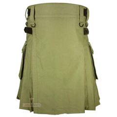 Cotton Olive Green Utility Kilt With Leather Straps Front