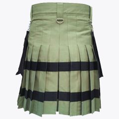 olive green utility kilt with black stripes