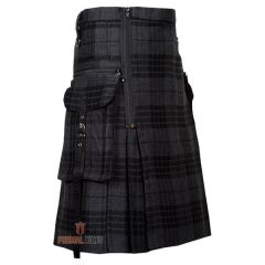 Punk Rock Gothic Grey Tartan Utility Kilt
